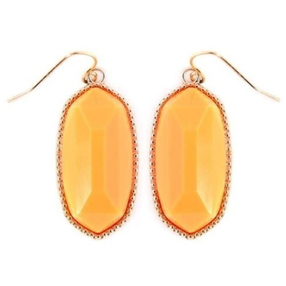 New Boutique Neon Orange Stone Gold Trim Hexagon Dangle Drop Earrings